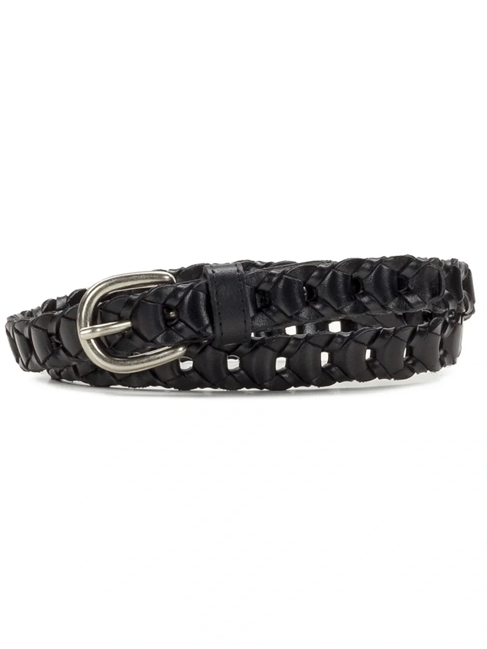 NWOT Patricia Nash Woven Black Leather Belt with Silver Buckle, Size Medium